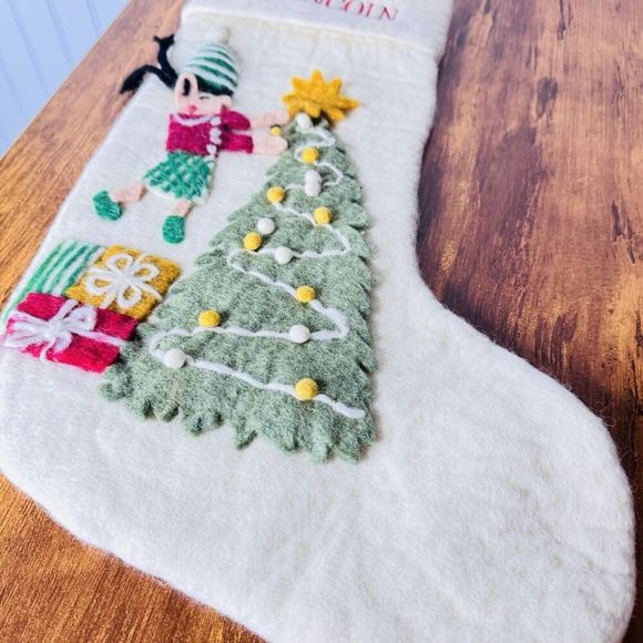 LINCOLN West Elm Kids Elf Tree Gift  Felted Christmas Stocking NWOT - Picture 2 of 7